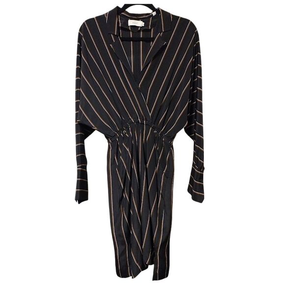 A.L.C. 'Nico' Surplice Long Sleeve Striped Silk Dress, Size 4, Black/White/Brown - Picture 2 of 9